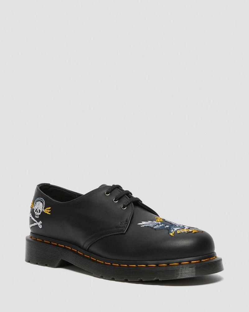 Black Men\'s Dr Martens 1461 Souvenir Embroidered Leather Oxfords Shoes | CA 605YXF